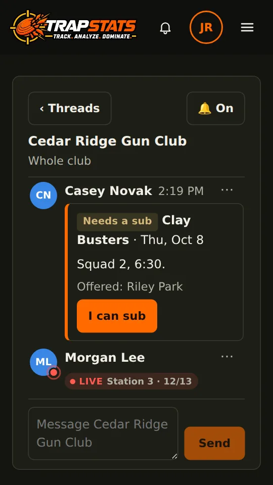 The club's chat: a Need a sub card with an I can sub button, and a member marked LIVE at station 3