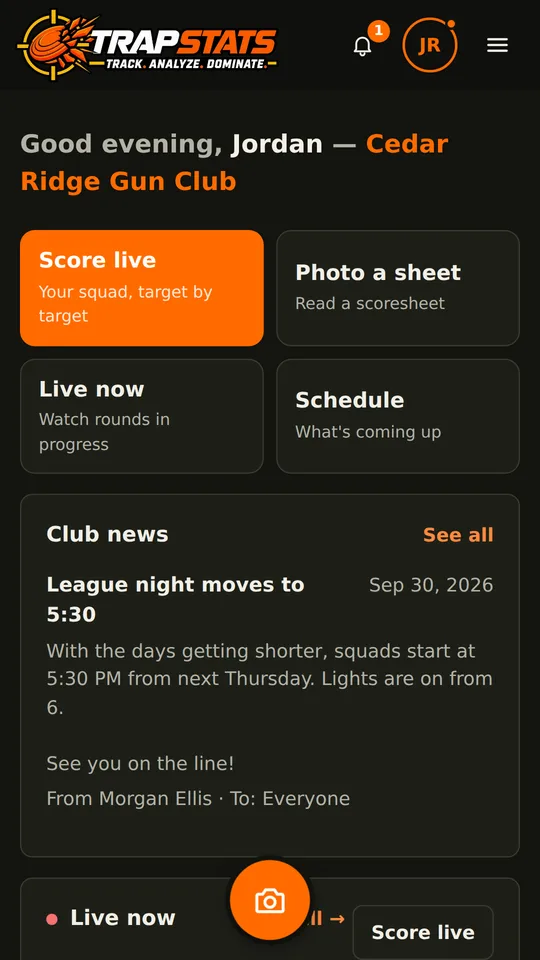 A shooter's dashboard with club news and quick actions