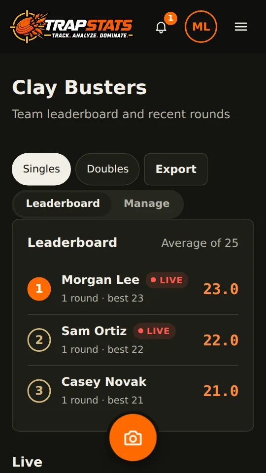 A team leaderboard with LIVE next to the two shooters on the trap right now